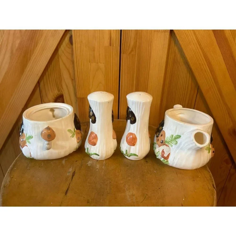 Vintage Arnels Mushroom Ceramic Creamer Sugar Bowl Salt Pepper Shaker Read (5008
